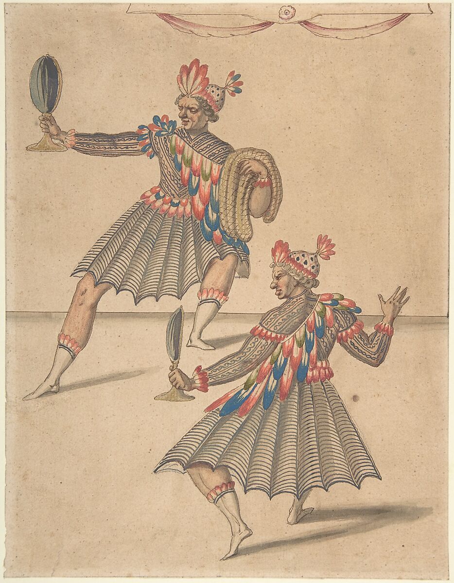 Drawing of Two 'Americans' for Ballet de la Douairière de Billebahaut, Daniel Rabel (French, Paris 1578–1637 Paris), Pen and brown ink, watercolor with silver and gold ink 