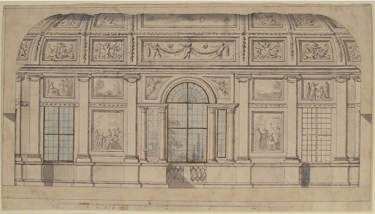 Design for an Architectural Interior, Pierre Nicolas Ransonnette (French, Paris 1745–1810 Paris), Pen and black ink, brush and gray, blue and brown wash