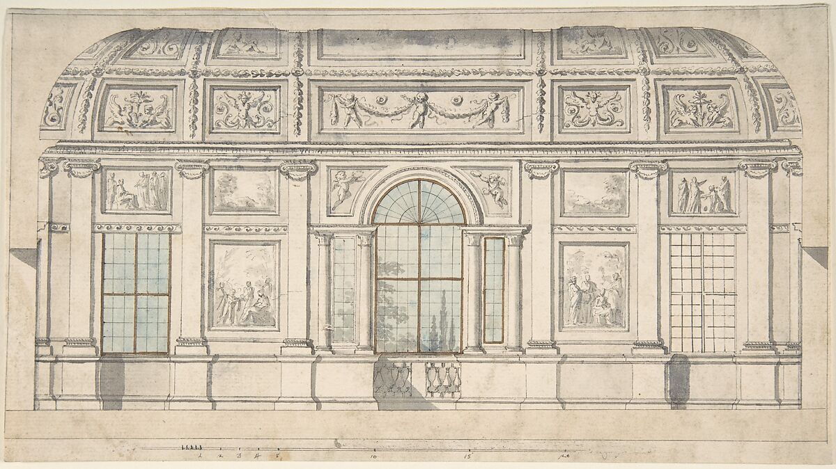 Design for an Architectural Interior, Pierre Nicolas Ransonnette (French, Paris 1745–1810 Paris), Pen and black ink, brush and gray, blue and brown wash 