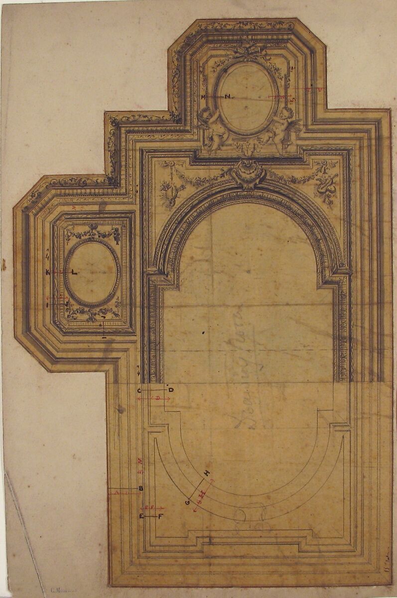 Designs for Ceiling, Charles Monblond (French, 19th century), Pen and gray, black and red ink, brush and gray wash