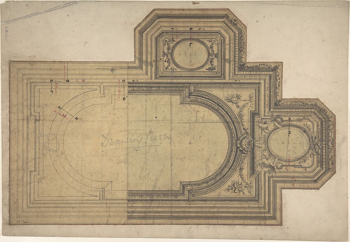 Designs for Ceiling, Charles Monblond (French, 19th century), Pen and gray, black and red ink, brush and gray wash 