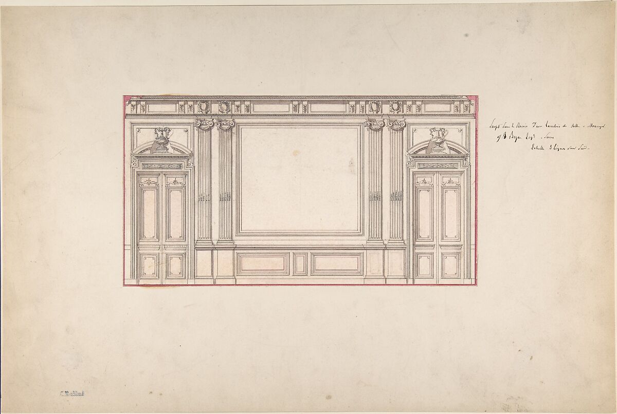 Design for Wall Panelling, Charles Monblond (French, 19th century), Pen and black ink, brush and pink wash 