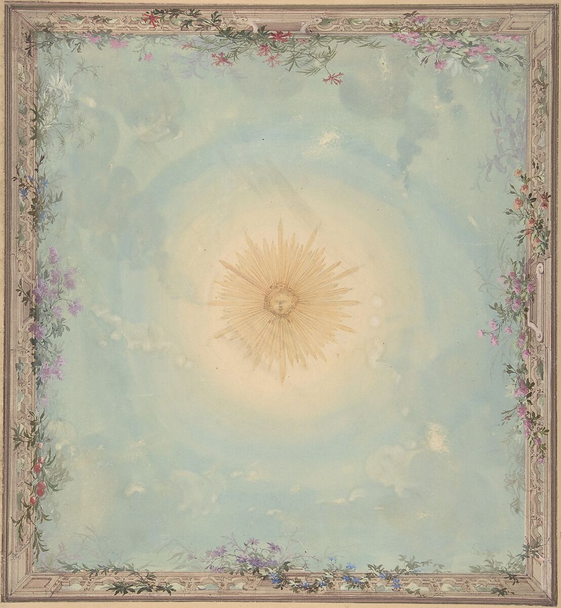 Designs for Ceilings with Central Sunburst, Charles Monblond (French, 19th century), Watercolor and graphite 