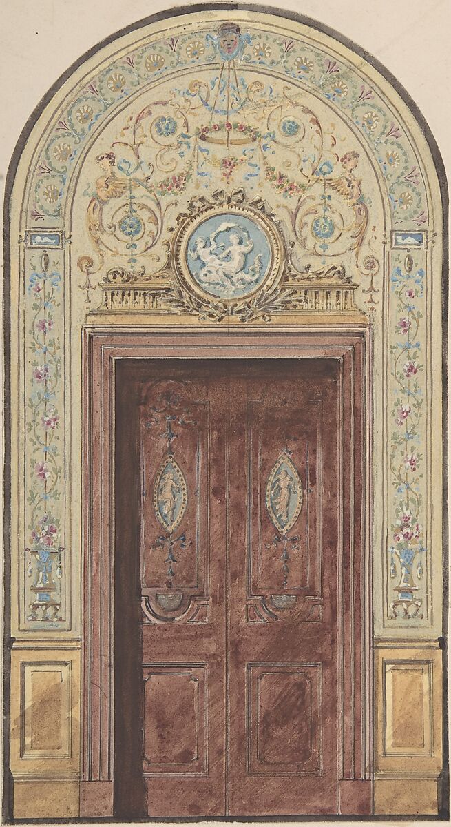 Designs for Arched Doorway, Charles Monblond (French, 19th century), Pen and black ink, watercolor 