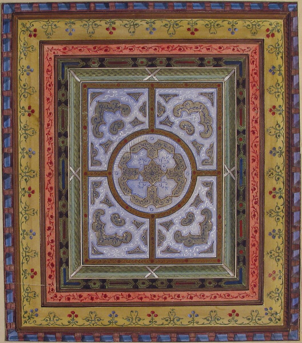 Design for Ceiling with Plant and Arabesque Decoration, Charles Monblond (French, 19th century), Watercolor and gilt