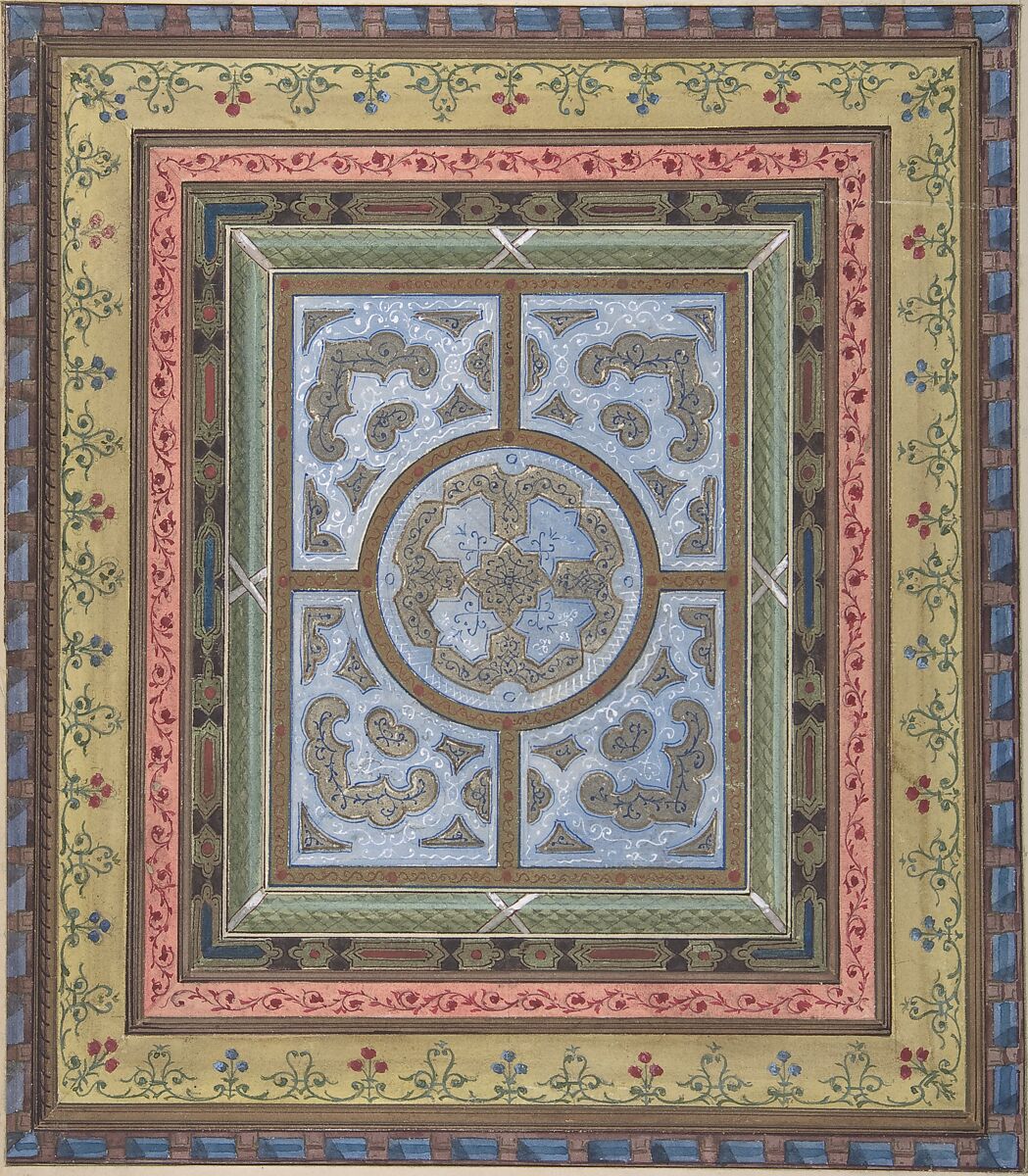 Design for Ceiling with Plant and Arabesque Decoration, Charles Monblond (French, 19th century), Watercolor and gilt 