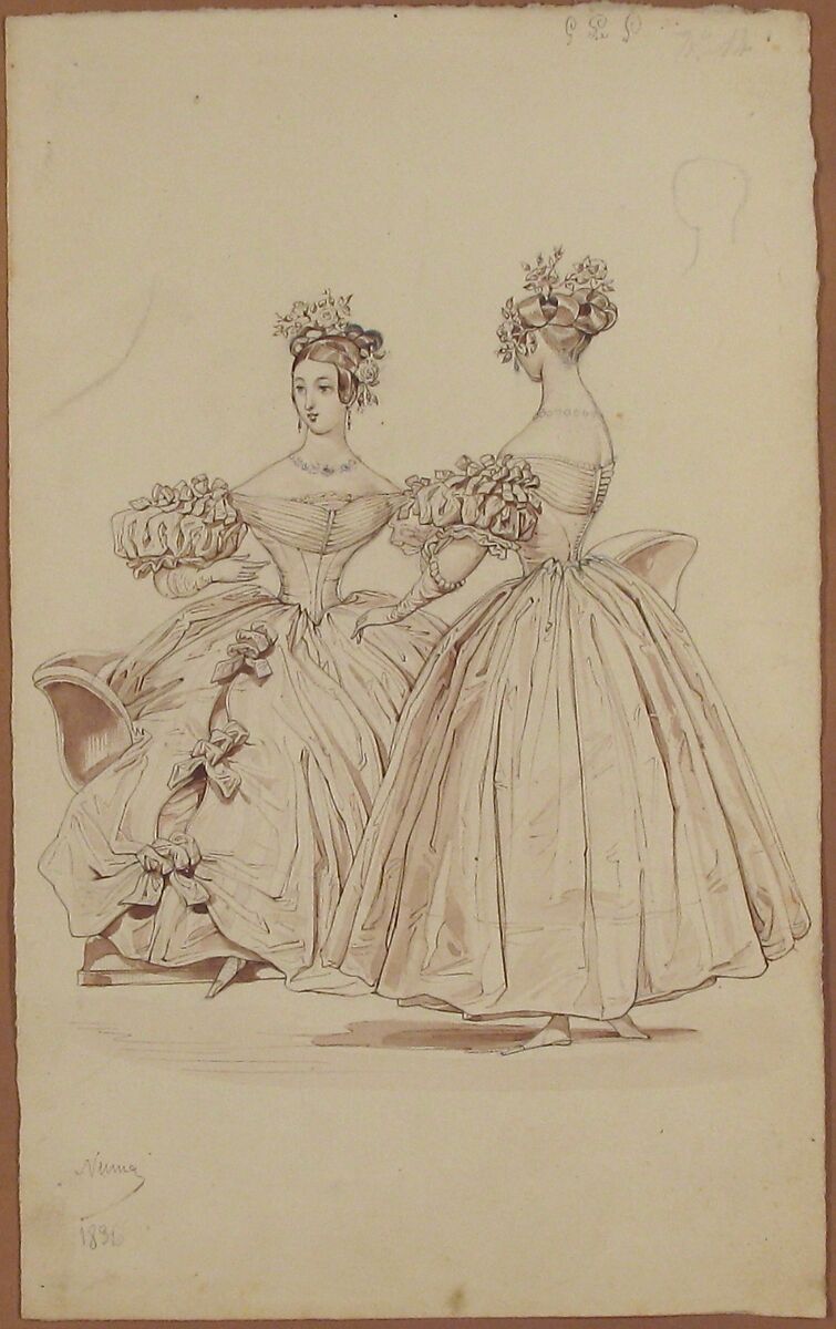 Costume Design, Pierre-Numa Bassaget, called Numa (French, active 1830–54), Pen and brown ink, brush and brown wash, graphite