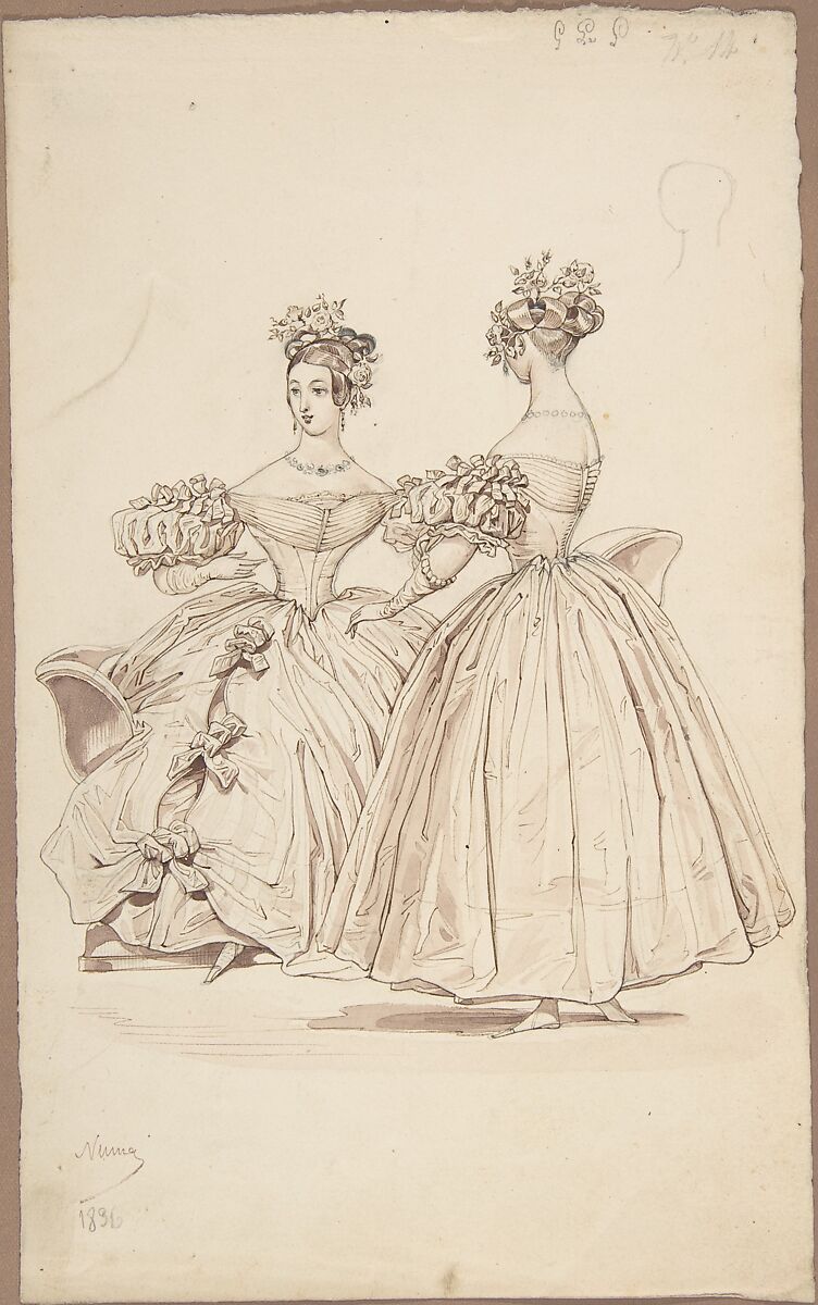 Costume Design, Pierre-Numa Bassaget, called Numa (French, active 1830–54), Pen and brown ink, brush and brown wash, graphite 