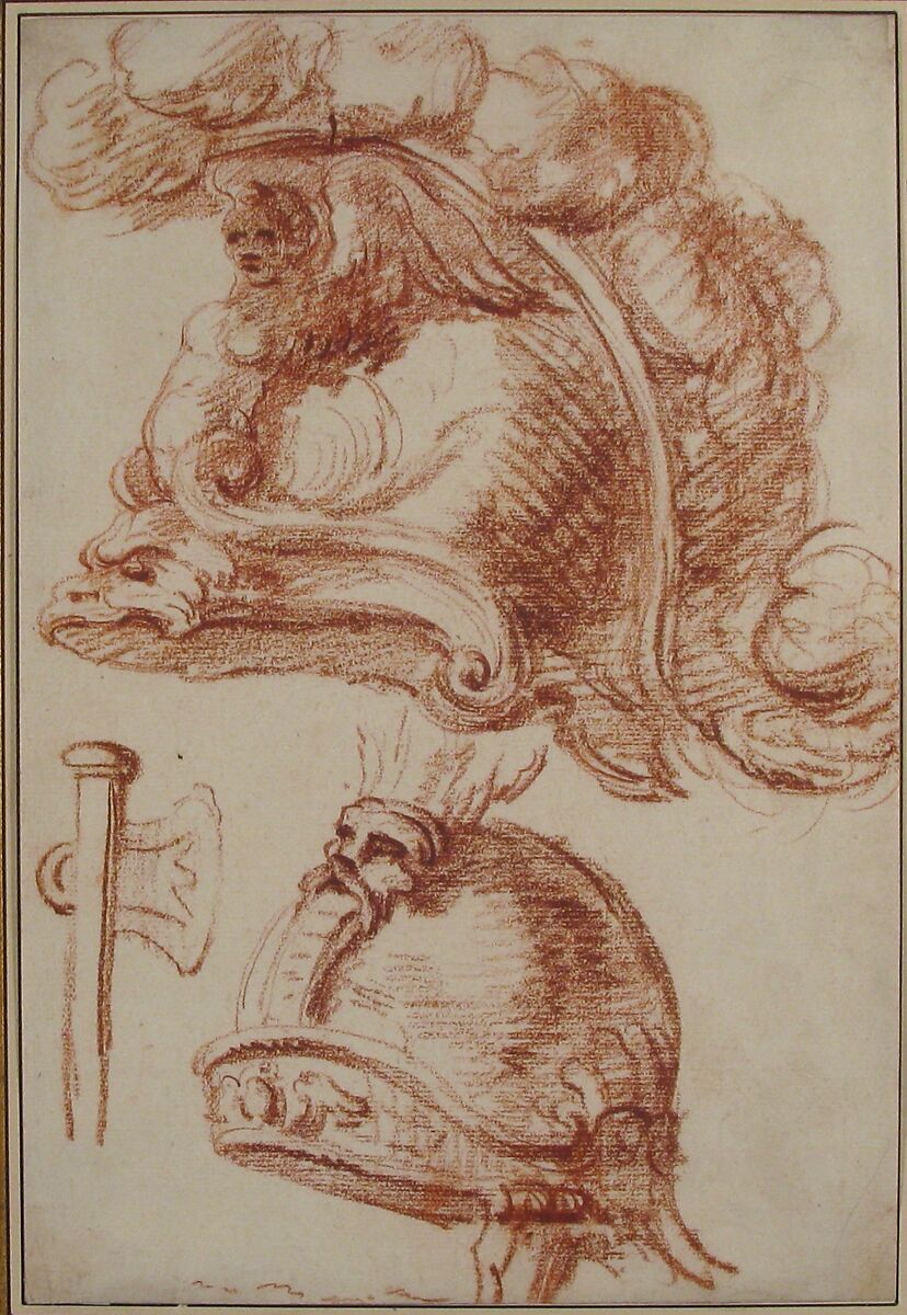 Two Studies of Plumed Helmets, Anonymous, French  , eighteenth century, Red chalk