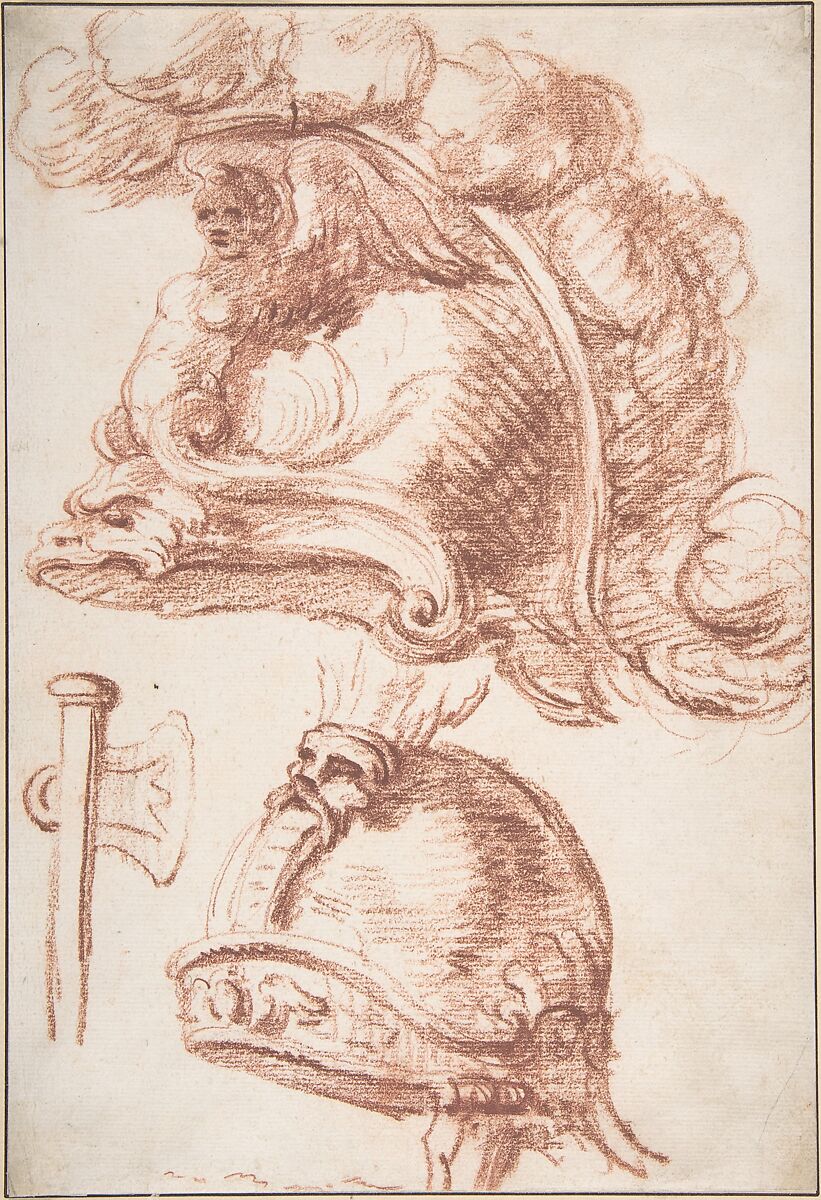 Two Studies of Plumed Helmets, Anonymous, French  , eighteenth century, Red chalk 