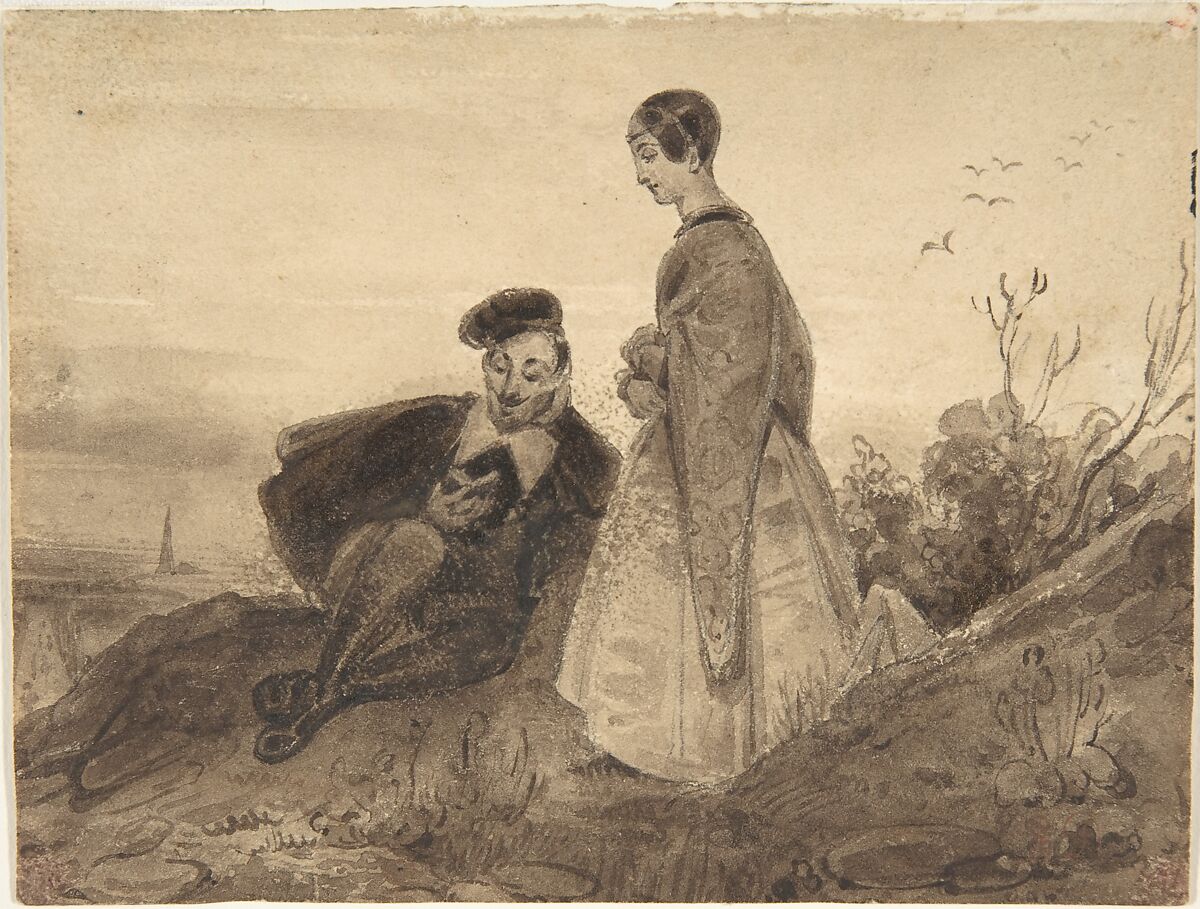 Man and woman in a landscape (Faust and Marguerite), Richard Parkes Bonington (British, Arnold, Nottinghamshire 1802–1828 London), Pen and brown ink, brush and brown wash, over traces of graphite 