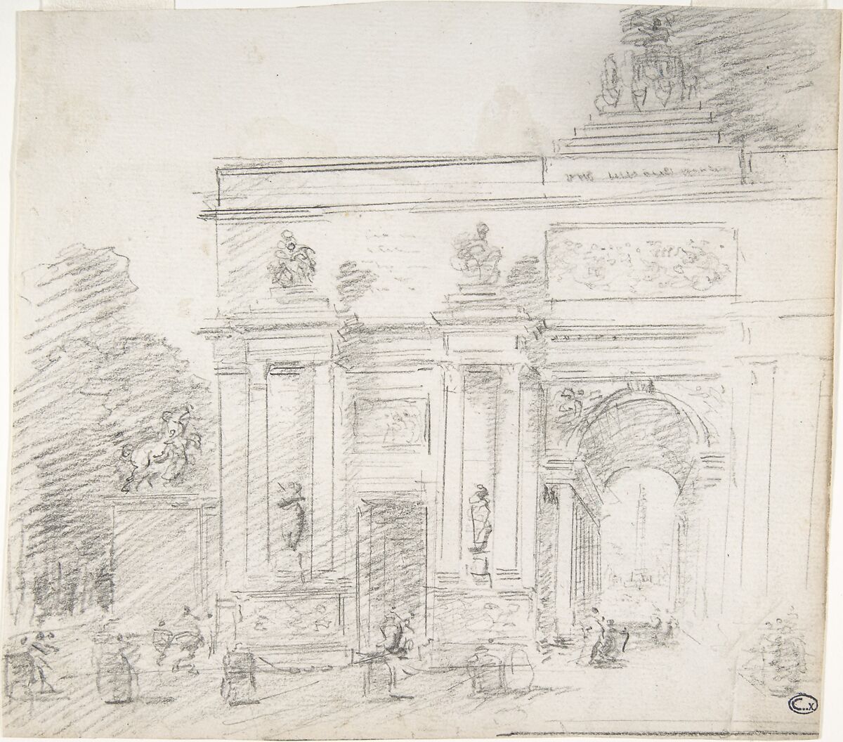 Study for a Triumphal Arch (recto); Alternate Study for a Triumphal Arch (verso), Hubert Robert (French, Paris 1733–1808 Paris), Black chalk 