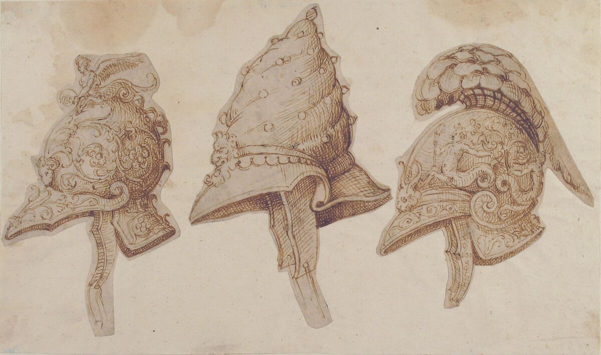 Three Designs for Helmets, After Polidoro da Caravaggio (Italian, Caravaggio ca. 1499–ca. 1543 Messina), Pen and brown ink, brush and brown wash, over leadpoint; glued onto secondary paper support