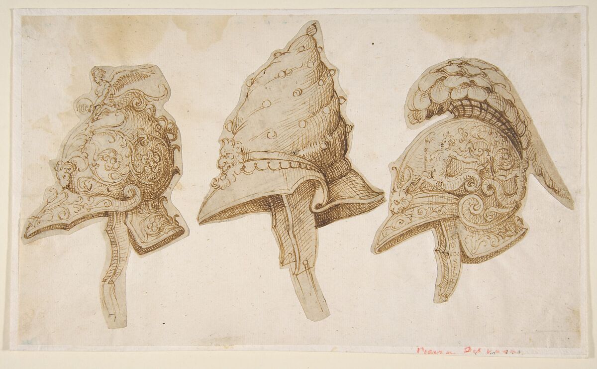 Three Designs for Helmets, After Polidoro da Caravaggio (Italian, Caravaggio ca. 1499–ca. 1543 Messina), Pen and brown ink, brush and brown wash, over leadpoint; glued onto secondary paper support 