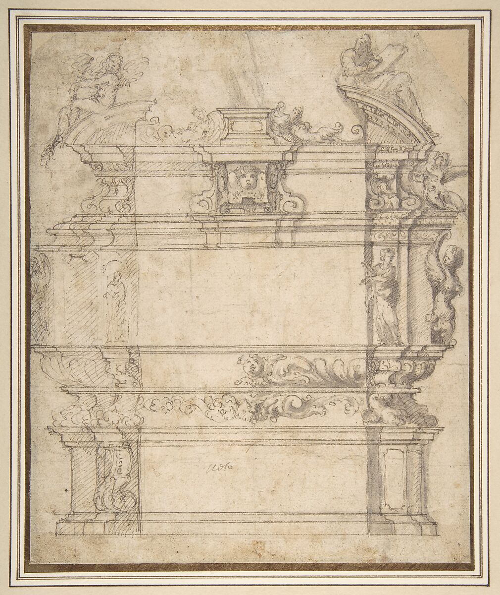 Design for a Tomb with Female Figures, Putti and Mythological Creatures, Anonymous, Italian, 16th century (Italian, active Central Italy, ca. 1550–1580), Pen and brown ink, brush and gray wash, over leadpoint 