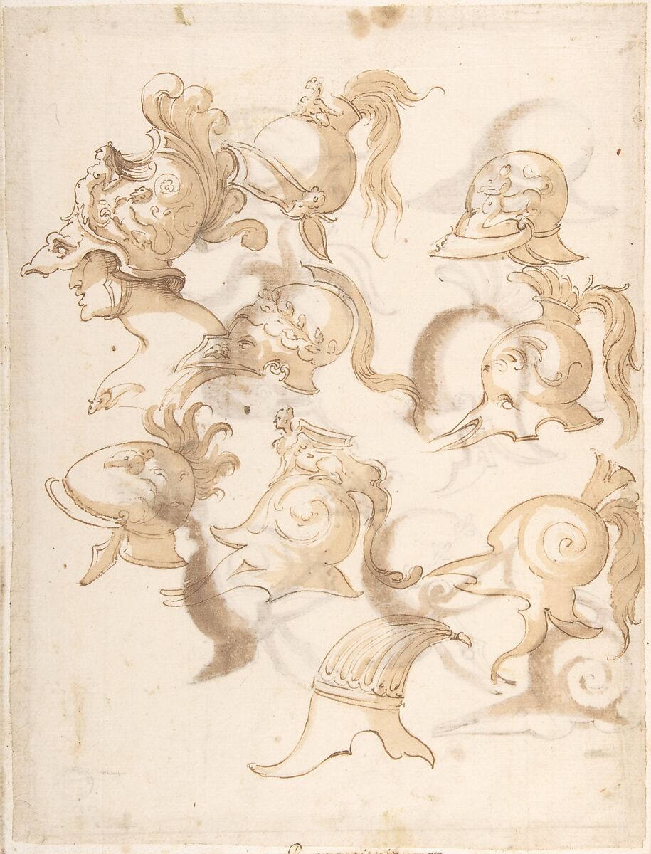 Designs for Nine Helmets (recto); Designs for Seven Helmets (verso), Anonymous, Italian, 16th century (Italian, active Central Italy, ca. 1550–1580), Pen and brown ink, brush and brown wash 