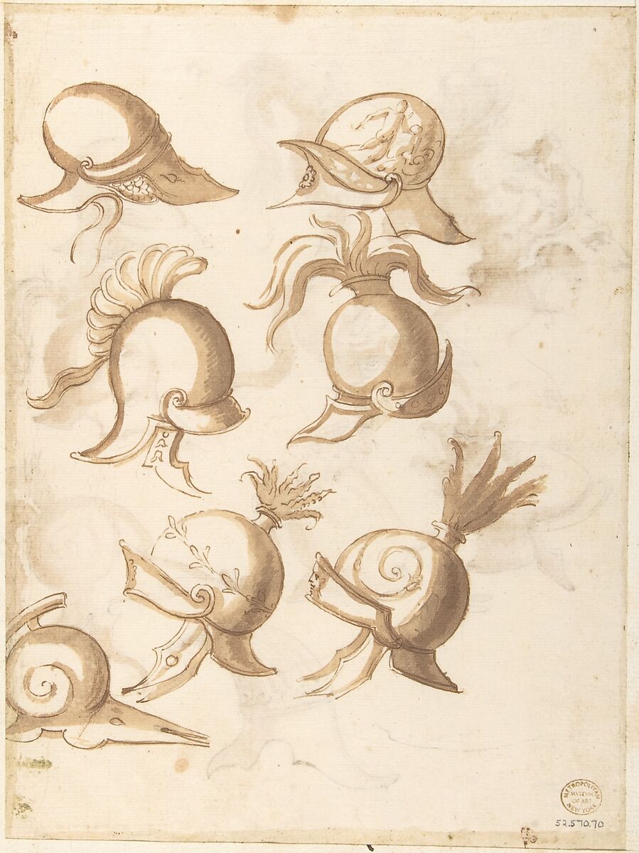 Designs for Nine Helmets (recto); Designs for Seven Helmets (verso), Anonymous, Italian, 16th century (Italian, active Central Italy, ca. 1550–1580), Pen and brown ink, brush and brown wash