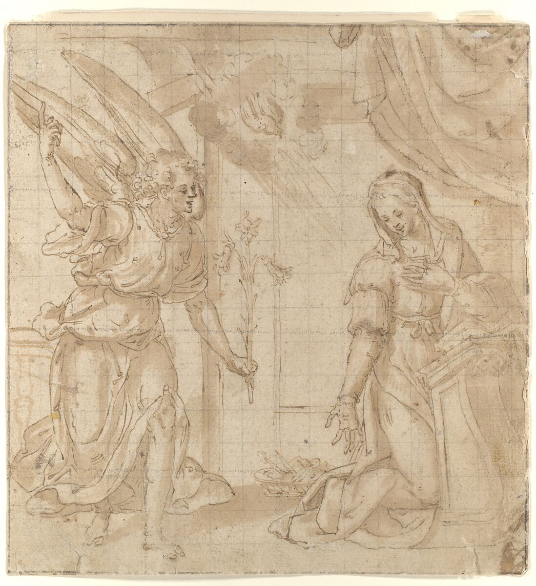 Annunciation, Marchigian artist near Filippo Bellini (Italian, Urbino 1550/55–1604 Macerata), Pen and brown ink, brush and brown wash, over leadpoint or black chalk, on paper washed light brown; squared for transfer