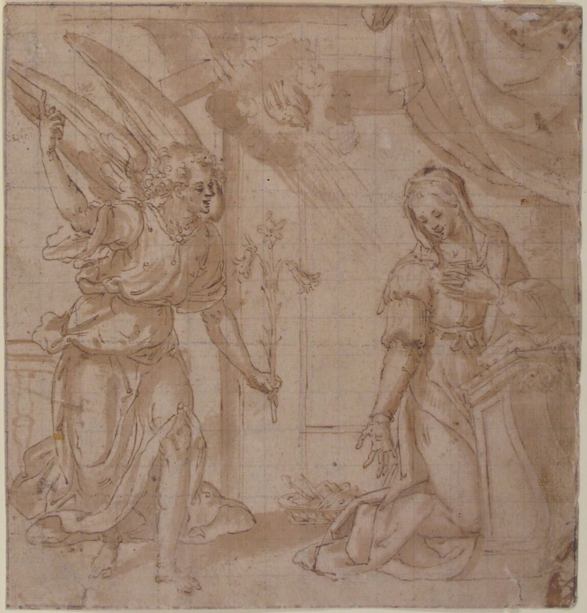 Annunciation, Marchigian artist near Filippo Bellini (Italian, Urbino 1550/55–1604 Macerata), Pen and brown ink, brush and brown wash, over leadpoint or black chalk, on paper washed light brown; squared for transfer