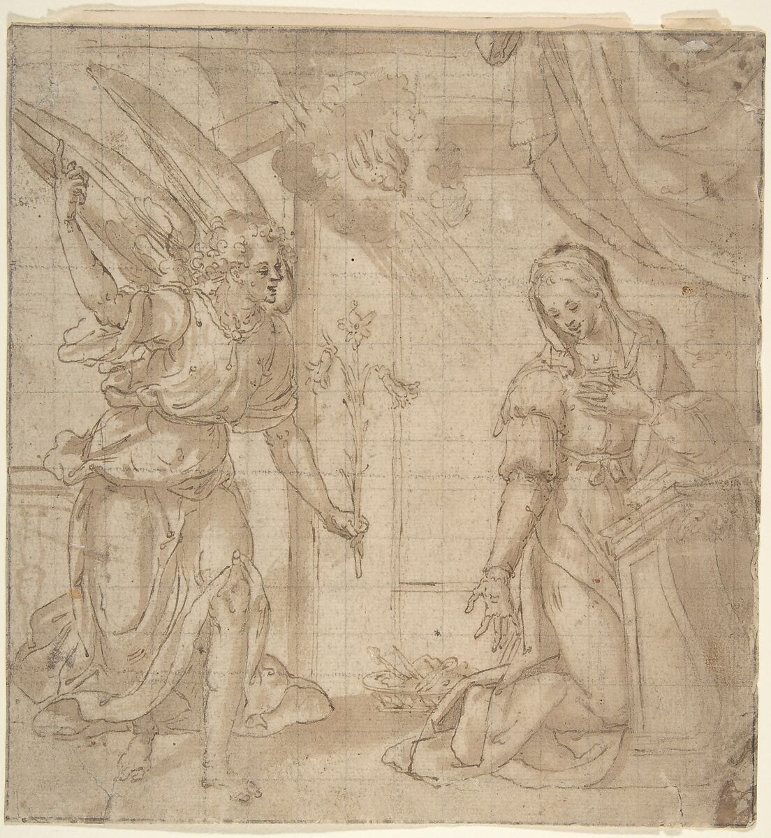 Annunciation, Marchigian artist near Filippo Bellini (Italian, Urbino 1550/55–1604 Macerata), Pen and brown ink, brush and brown wash, over leadpoint or black chalk, on paper washed light brown; squared for transfer 