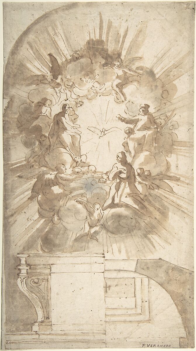 Design for an Altar with a Celestial Subject Above, Anonymous, Italian, 16th century (Italian, active Central Italy, ca. 1550–1580), Pen and brown ink, brush and brown wash, over leadpoint 