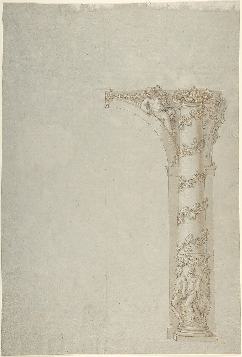 Design for the Bay of an Arcade with Female Figures at the Base and an Arch with a Putto in the Spandrel, Anonymous, Italian, 16th to 17th century, Pen and brown ink, brush and brown wash, over leadpoint, and stylus ruling, on blue-gray paper 