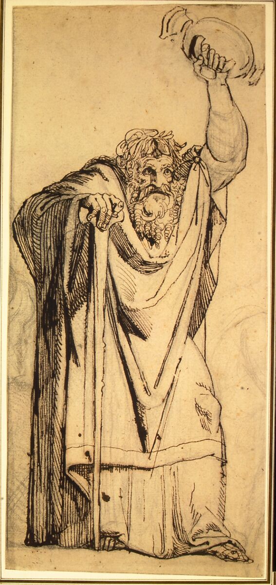 Study for the Prophet Jeremiah (recto); Studies of a Horse Seen from Below and of a Man Seated on a Chair, Probably a Self-Portrait and an Off-Print in Brown Ink of a Nude Female Abdomen and Legs (verso), Henry Fuseli (Swiss, Zürich 1741–1825 London), Pen and brown ink over graphite on paper; verso, pen and brown ink; framing lines in graphite			