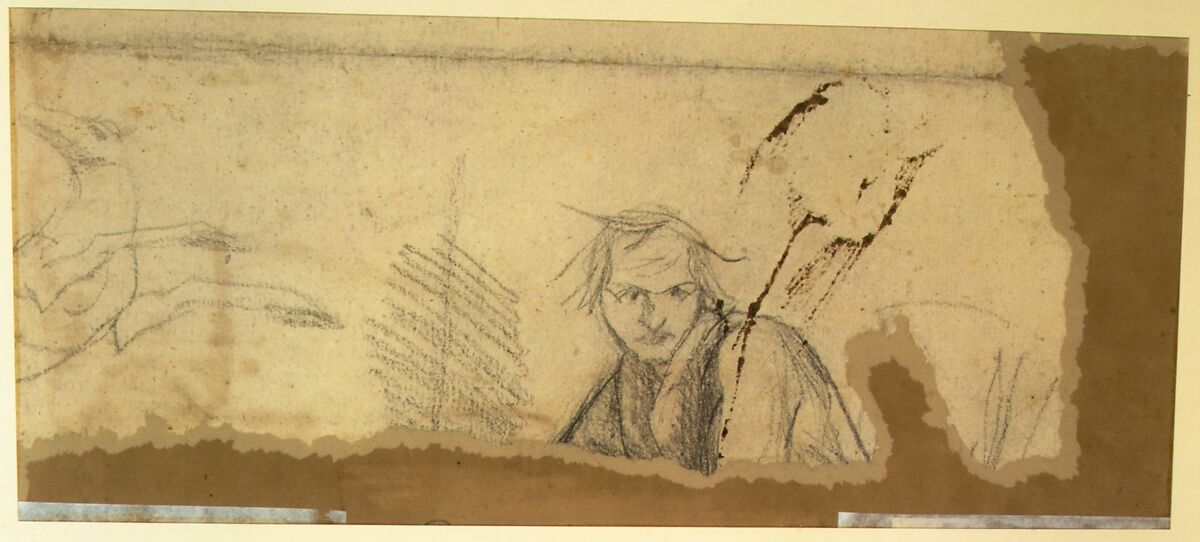 Study for the Prophet Jeremiah (recto); Studies of a Horse Seen from Below and of a Man Seated on a Chair, Probably a Self-Portrait and an Off-Print in Brown Ink of a Nude Female Abdomen and Legs (verso), Henry Fuseli (Swiss, Zürich 1741–1825 London), Pen and brown ink over graphite on paper; verso, pen and brown ink; framing lines in graphite			