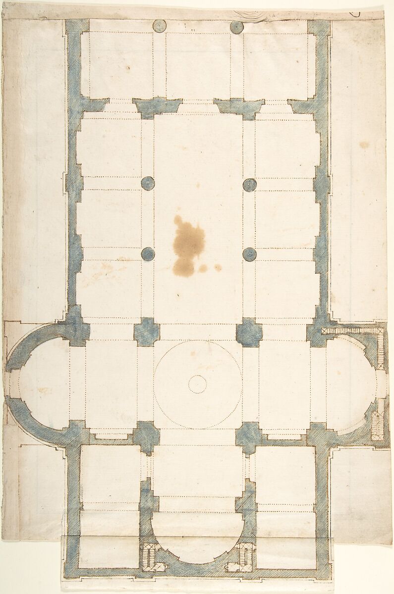 Plan for a Church with a Nave (recto); Framing Outlines (verso), Anonymous, Italian, 16th century (Italian, active Central Italy, ca. 1550–1580), Pen and brown ink, brush and blue wash, over stylus ruling and incised compass marks (recto); pen and brown ink (verso) 