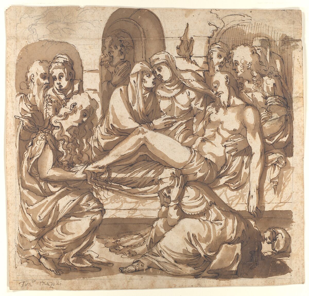 Entombment, Traditionally Ascribed to Maso da San Friano (Tommaso Manzuoli) (Italian, Florence 1531–1571 Florence), Pen and brown ink, brush and brown wash, over leadpoint