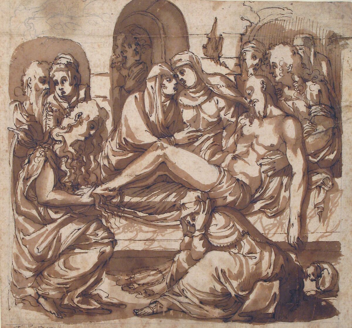 Entombment, Traditionally Ascribed to Maso da San Friano (Tommaso Manzuoli) (Italian, Florence 1531–1571 Florence), Pen and brown ink, brush and brown wash, over leadpoint