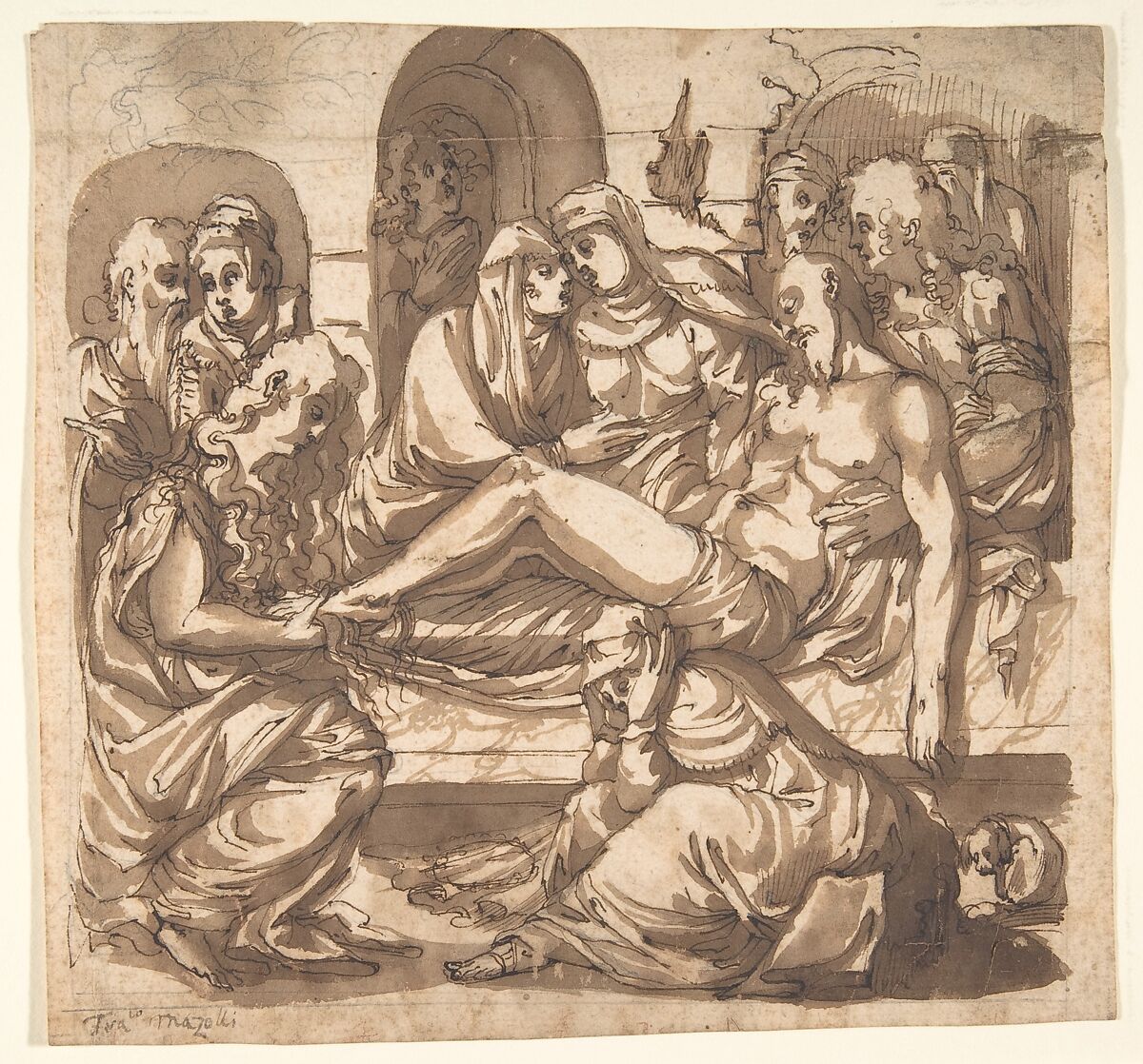 Entombment, Traditionally Ascribed to Maso da San Friano (Tommaso Manzuoli) (Italian, Florence 1531–1571 Florence), Pen and brown ink, brush and brown wash, over leadpoint 
