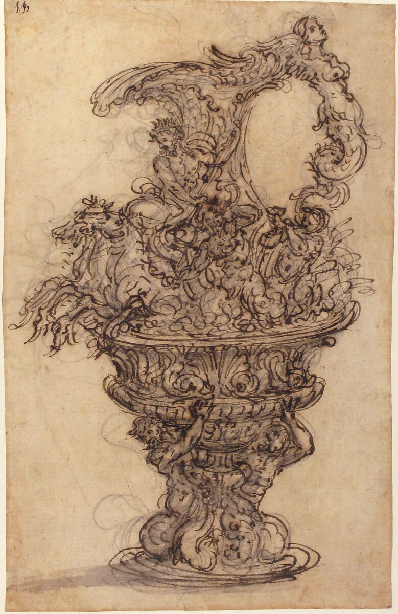 Design for a Ewer with Neptune on his Chariot, Giovanni Battista Foggini (Italian, Florence 1652–1725 Florence), Pen and brown ink, brush and brown and gray wash, over black chalk (recto); pen and brown ink (verso)