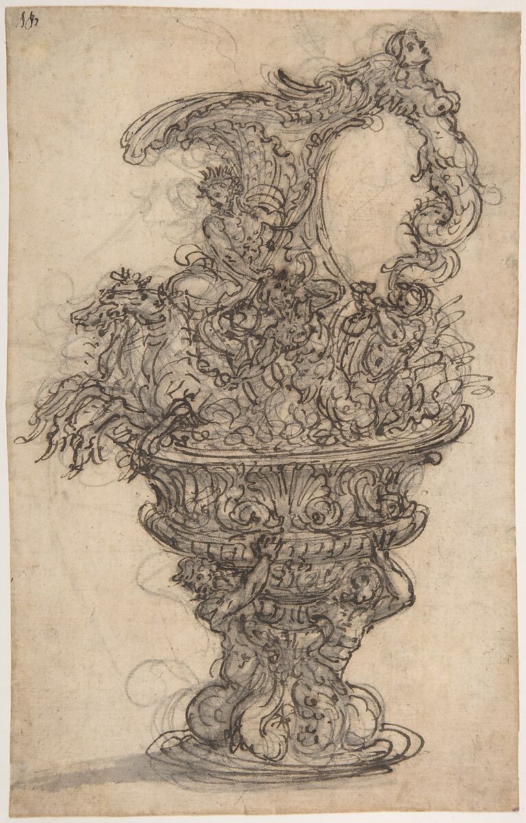Design for a Ewer with Neptune on his Chariot, Giovanni Battista Foggini (Italian, Florence 1652–1725 Florence), Pen and brown ink, brush and brown and gray wash, over traces of black chalk (recto); pen and brown ink (verso) 