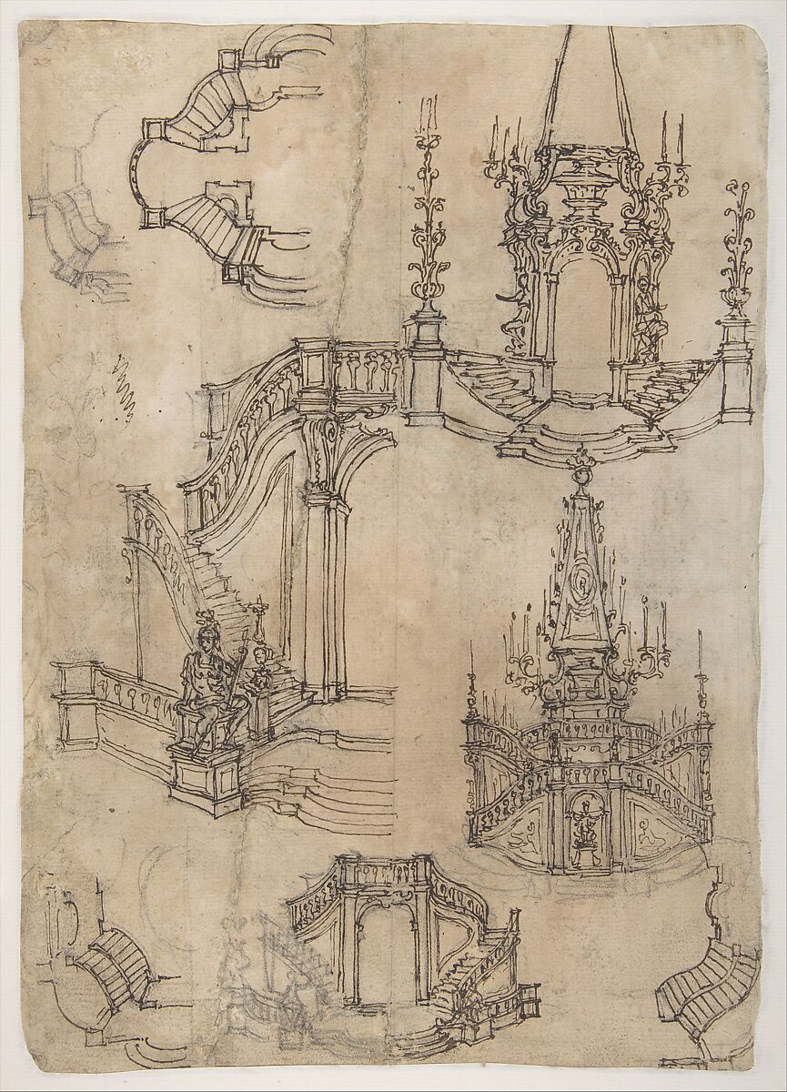 Designs for a Funerary Monument with Stairs (recto); Various Funerary Monument Designs (verso), Giovanni Battista Foggini (Italian, Florence 1652–1725 Florence), Pen and brown ink, brush and gray wash, over graphite or black chalk (recto); pen and brown ink, over graphite (verso)