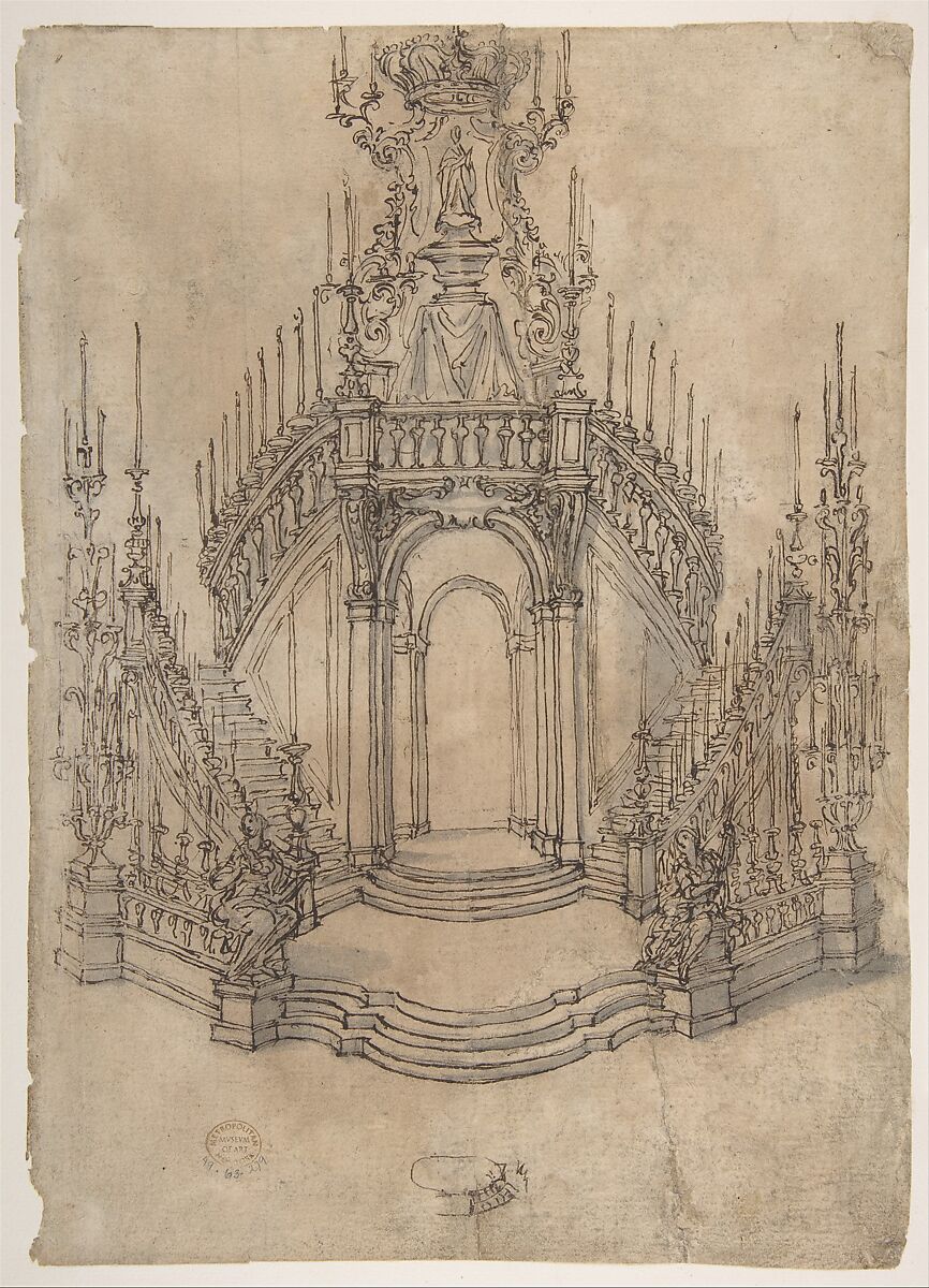 Designs for a Funerary Monument with Stairs (Recto). Various Funerary Monument Designs (Verso)., Giovanni Battista Foggini (Italian, Florence 1652–1725 Florence), Pen and brown ink, brush and gray wash, over traces of graphite or black chalk. Verso: pen and brown ink over traces of graphite 