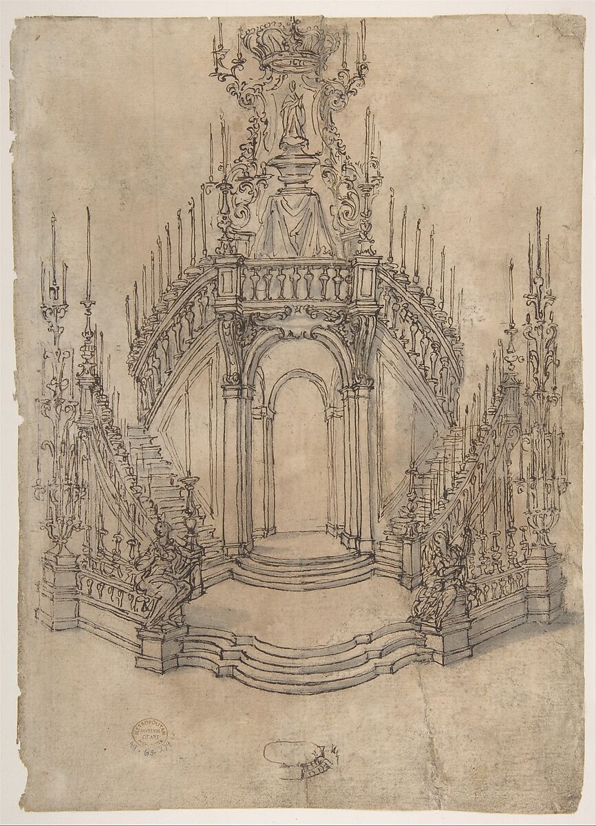 Designs for a Funerary Monument with Stairs (Recto). Various Funerary Monument Designs (Verso), Giovanni Battista Foggini (Italian, Florence 1652–1725 Florence), Pen and brown ink, brush and gray wash, over traces of graphite or black chalk. Verso: pen and brown ink over traces of graphite 