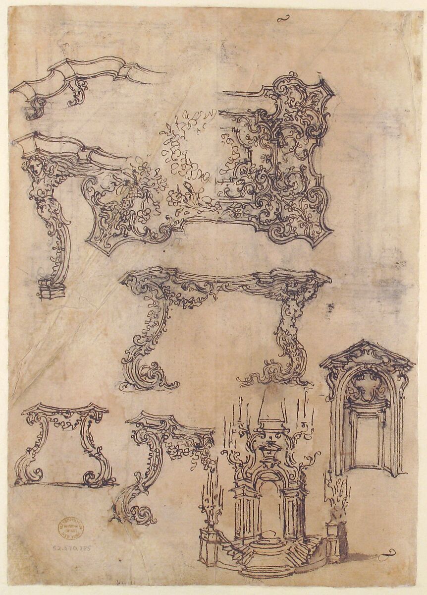 Sheet with Various Designs for Tables and a Funerary Monument, Giovanni Battista Foggini (Italian, Florence 1652–1725 Florence), Pen and brown ink, brush and gray wash, over black chalk