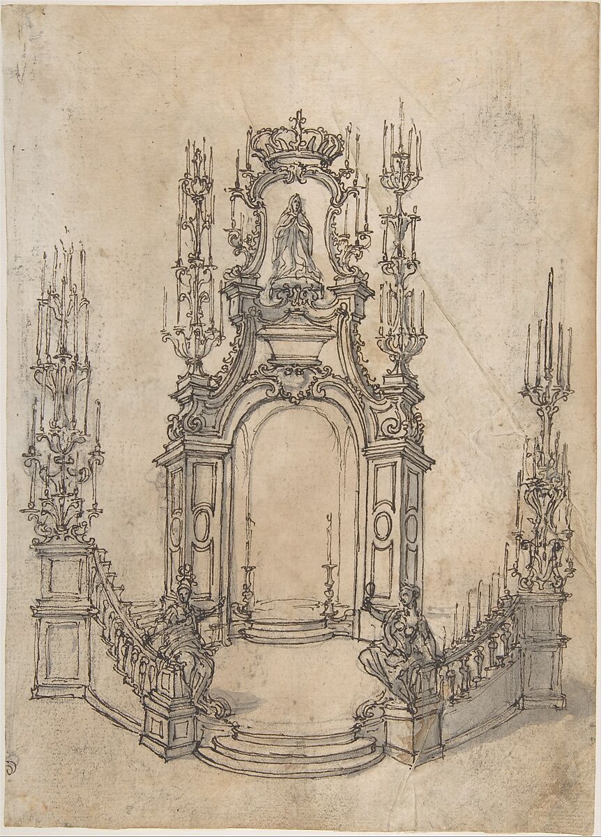 Sheet with Various Designs for Tables and a Funerary Monument, Giovanni Battista Foggini (Italian, Florence 1652–1725 Florence), Pen and brown ink, brush and gray wash, over black chalk