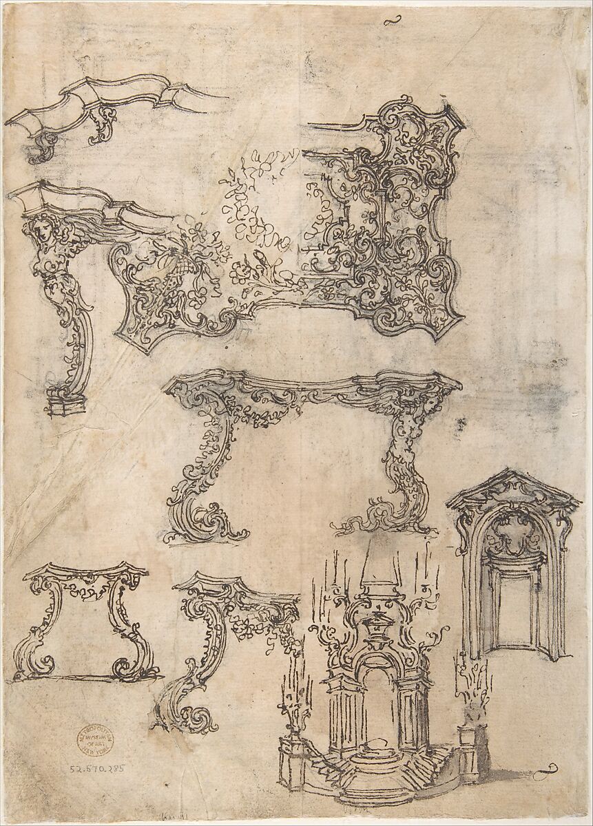 Sheet with Various Designs for Tables and a Funerary Monument, Giovanni Battista Foggini (Italian, Florence 1652–1725 Florence), Pen and brown ink, brush and gray wash, over traces of black chalk 
