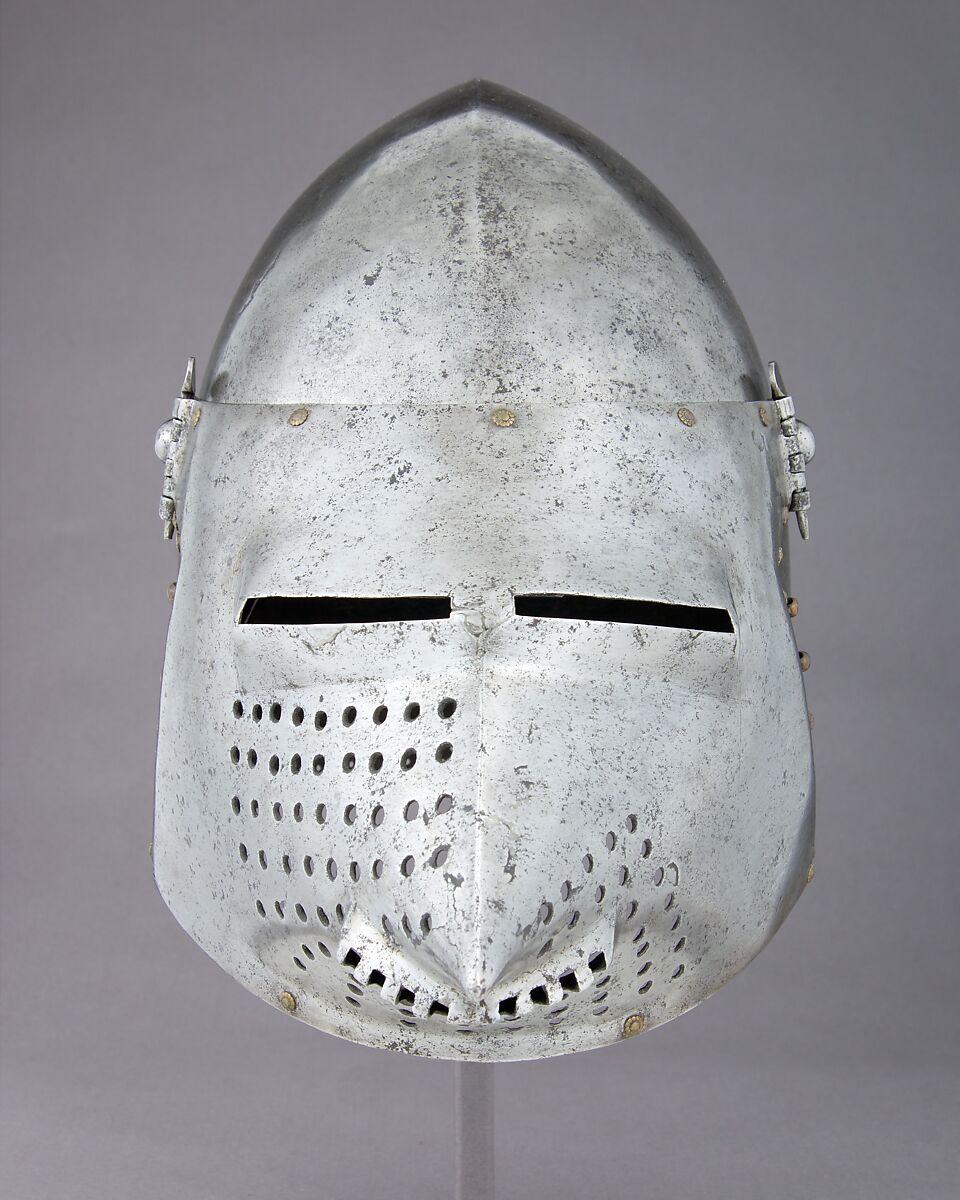 Visored Bascinet, Steel, brass, iron, copper alloy (latten), leather (modern), German