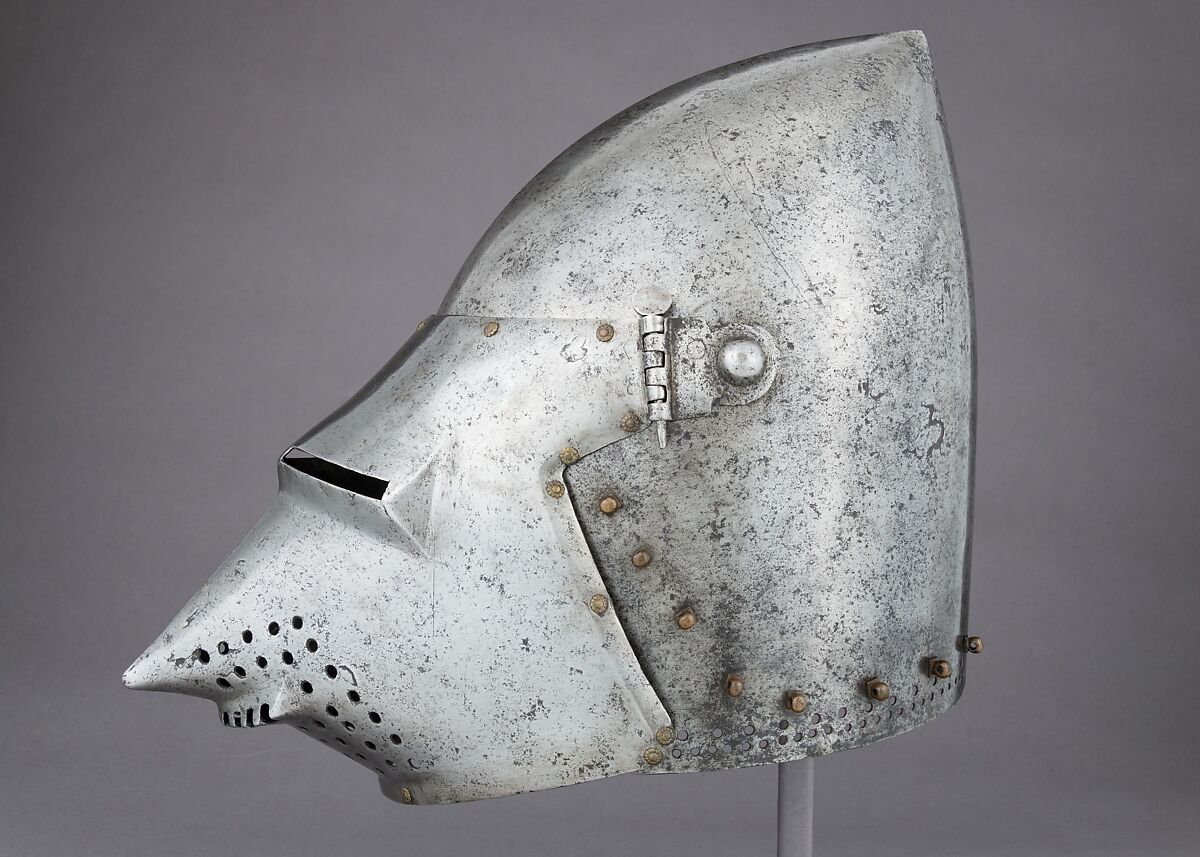 Visored Bascinet, Steel, brass, iron, copper alloy (latten), leather (modern), German