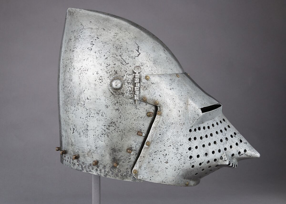 Visored Bascinet, Steel, brass, iron, copper alloy (latten), leather (modern), German