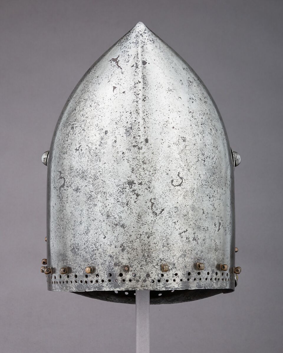 Visored Bascinet, Steel, brass, iron, copper alloy (latten), leather (modern), German