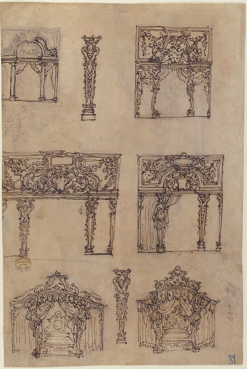 Designs for Archways and Baldachins with Caryatids and Coats of Arms (recto); Design for a Monument with Statues of Prudence and Fortitude (verso), Giovanni Battista Foggini (Italian, Florence 1652–1725 Florence), Pen and brown ink, over black chalk or graphite (recto and verso)