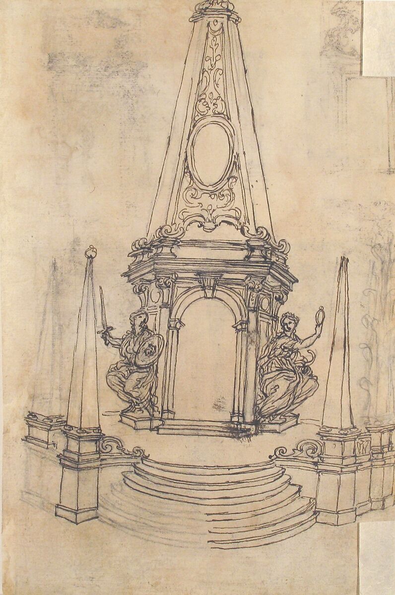 Designs for Archways and Baldachins with Caryatids and Coats of Arms (recto); Design for a Monument with Statues of Prudence and Fortitude (verso), Giovanni Battista Foggini (Italian, Florence 1652–1725 Florence), Pen and brown ink, over black chalk or graphite (recto and verso)