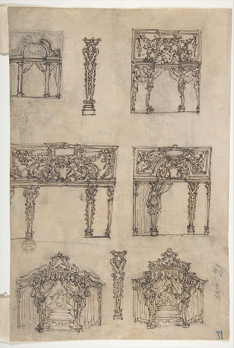 Designs for Archways and Baldachins with Caryatids and Coats of Arms (Recto). Design for a Monument with Statues of Prudence and Fortitude (Verso)., Giovanni Battista Foggini (Italian, Florence 1652–1725 Florence), Pen and brown ink, over traces of black chalk or graphite (recto and verso) 