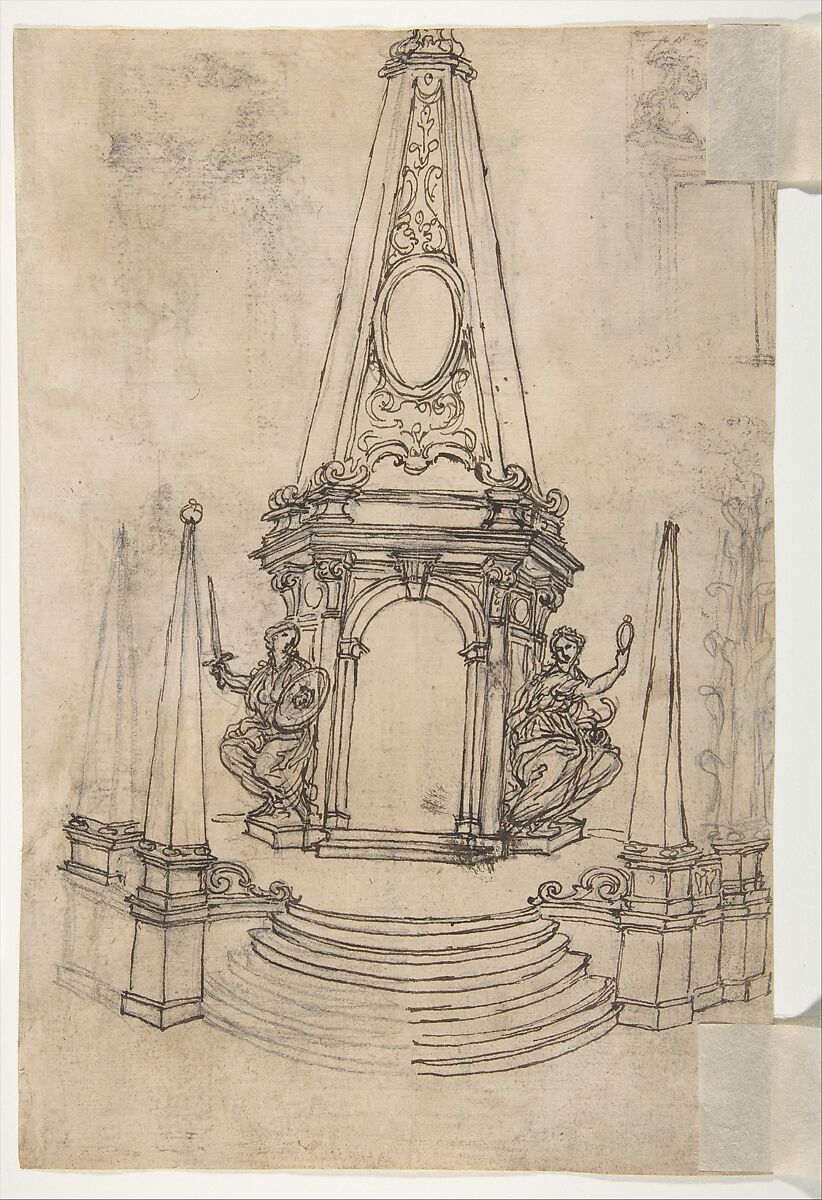 Designs for Archways and Baldachins with Caryatids and Coats of Arms (recto); Design for a Monument with Statues of Prudence and Fortitude (verso), Giovanni Battista Foggini (Italian, Florence 1652–1725 Florence), Pen and brown ink, over black chalk or graphite (recto and verso)