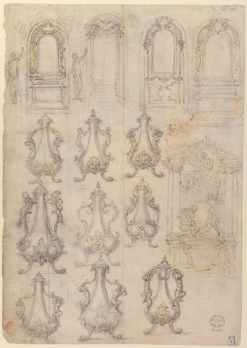 Studies for Coffee Urns, Arched-top Altars, and an Altar Project for the Baptistery of Florence Cathedral (recto); Studies for Chapels and Portals (verso), Giovanni Battista Foggini (Italian, Florence 1652–1725 Florence), Pen and light brown ink, brush and gray wash over traces of black chalk (recto and verso)