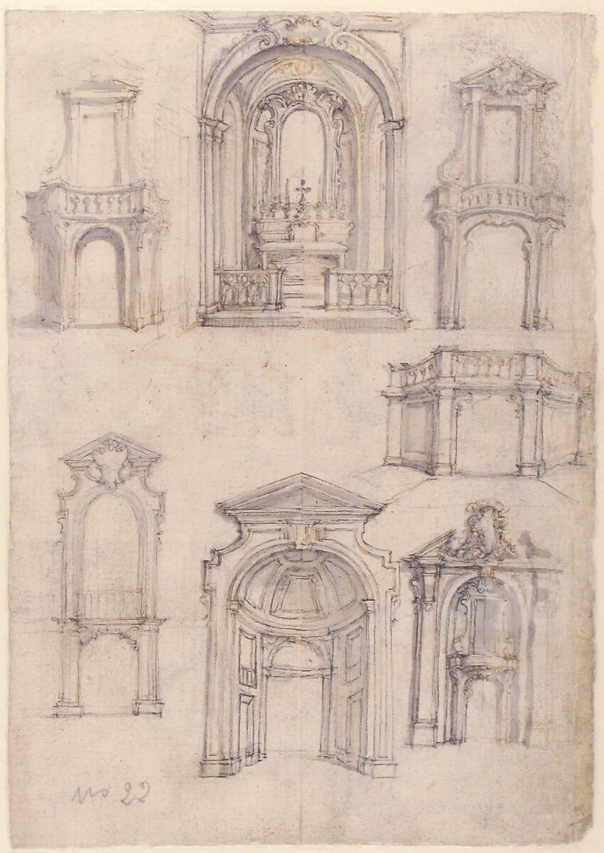 Studies for Coffee Urns, Arched-top Altars, and an Altar Project for the Baptistery of Florence Cathedral (recto); Studies for Chapels and Portals (verso), Giovanni Battista Foggini (Italian, Florence 1652–1725 Florence), Pen and light brown ink, brush and gray wash over traces of black chalk (recto and verso)